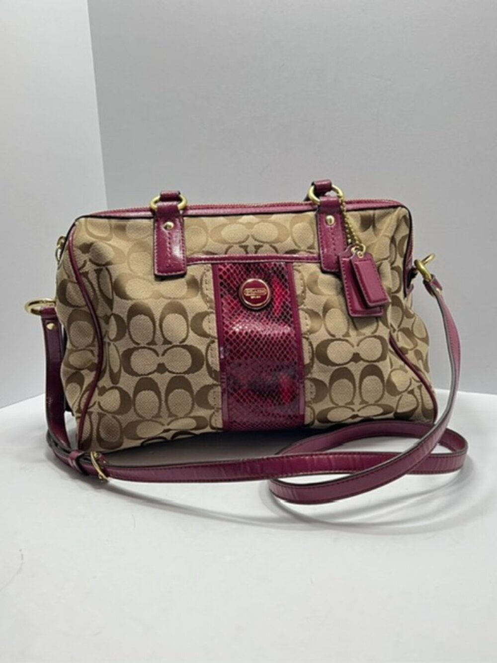 Coach Signature Stripe Python Satchel F24884 in Khaki w/Raspberry Python w/COA